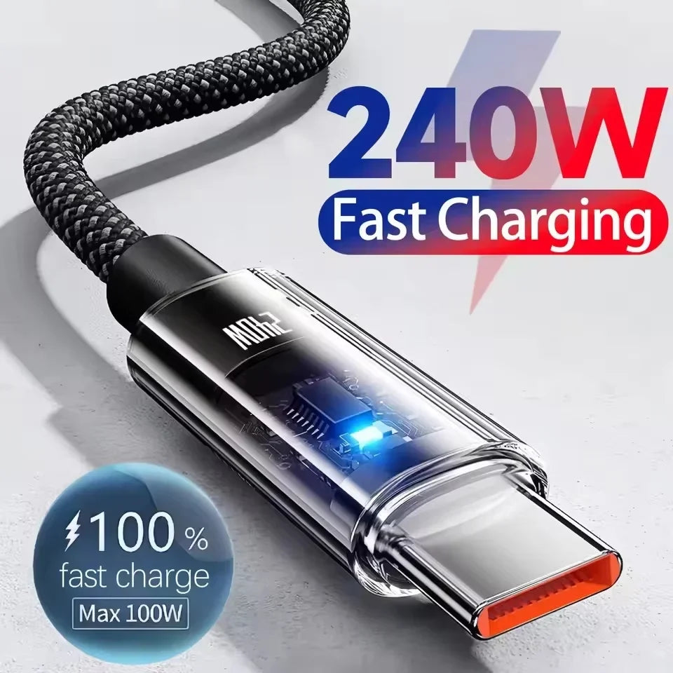 0.25/1/1.5/2M 240W Nylon USB C PD Super Fast Charging Data Cable With LED Display USB To Type C Quick Charge Data Cords New