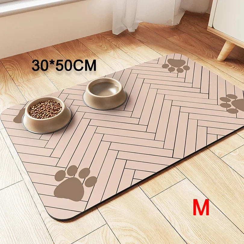 1pc Quick-Dry Diatom Mud Pet Feeding Mat - Splash-Proof, Absorbent, Easy to Clean, Suitable for Dogs and Cats, Herringbone Pattern with Paw Print Design, Washable Pet Feeding Mat