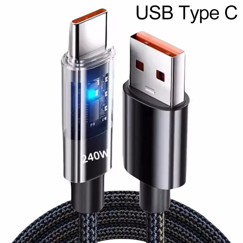0.25/1/1.5/2M 240W Nylon USB C PD Super Fast Charging Data Cable With LED Display USB To Type C Quick Charge Data Cords New